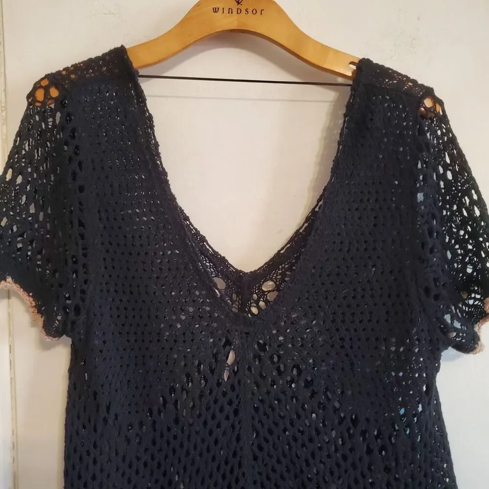Free People Open Knit Crochet Flowy Top Black Size S Boho Fairy Grunge Cottage